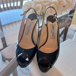 Jimmy Choo - Patent Navy Slingback Peeptoe Heels